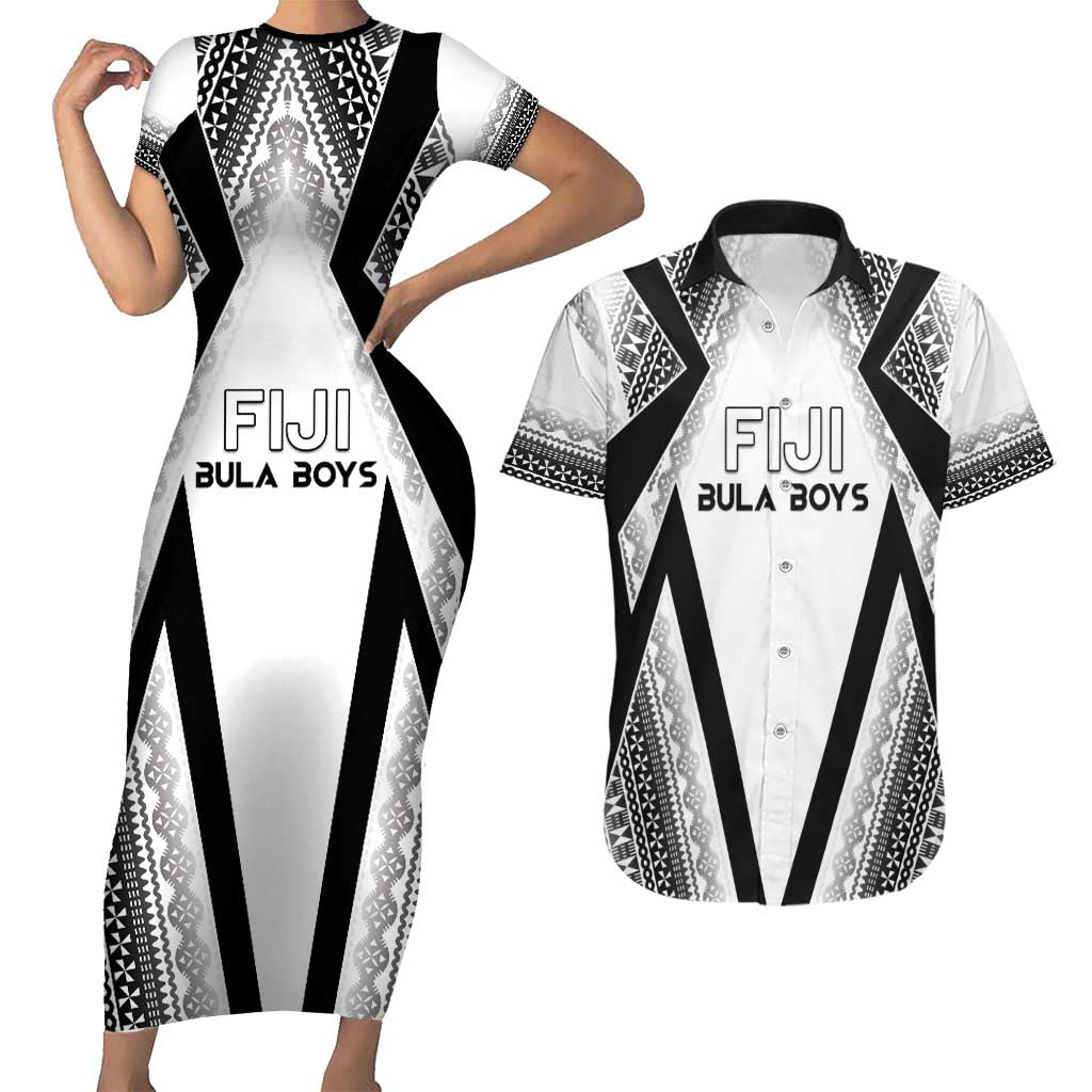 Custom Bula Fiji Football Couples Matching Short Sleeve Bodycon Dress and Hawaiian Shirt Go Champions LT05 White - Polynesian Pride