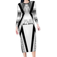 Custom Bula Fiji Football Family Matching Long Sleeve Bodycon Dress and Hawaiian Shirt Go Champions LT05 Mom's Dress White - Polynesian Pride