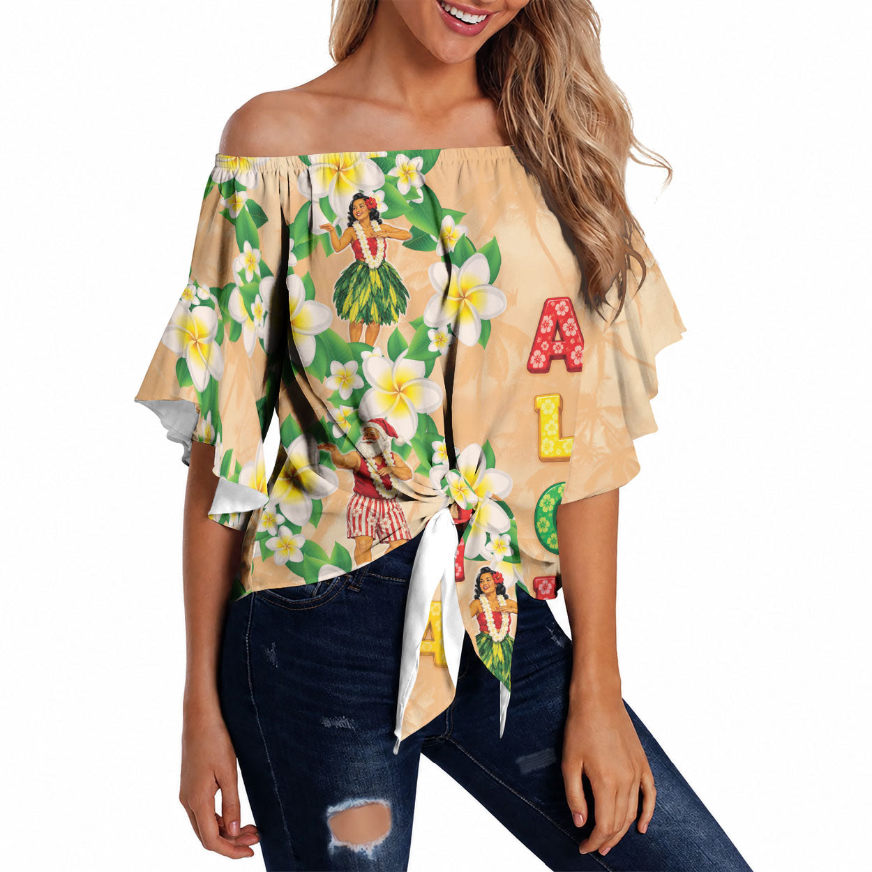 Aloha Hawaii Chilly Christmas Off Shoulder Wrap Waist Top Tropical Vibes