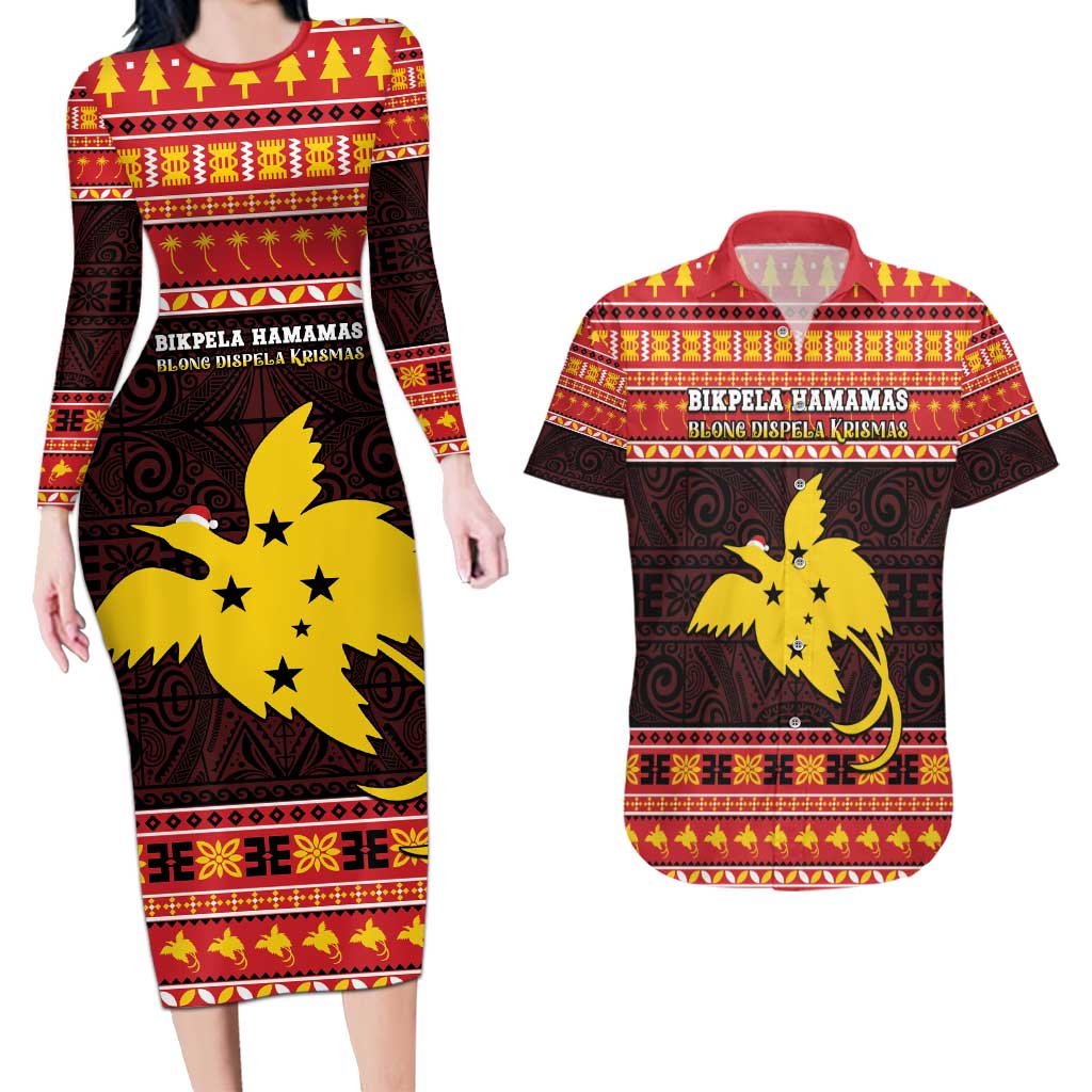 Papua New Guinea Christmas Couples Matching Long Sleeve Bodycon Dress and Hawaiian Shirt Santa Raggiana LT05 Red - Polynesian Pride