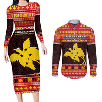 Papua New Guinea Christmas Couples Matching Long Sleeve Bodycon Dress and Long Sleeve Button Shirt Santa Raggiana LT05 Red - Polynesian Pride