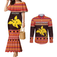 Papua New Guinea Christmas Couples Matching Mermaid Dress and Long Sleeve Button Shirt Santa Raggiana LT05 Red - Polynesian Pride
