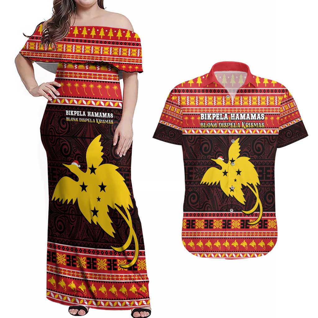 Papua New Guinea Christmas Couples Matching Off Shoulder Maxi Dress and Hawaiian Shirt Santa Raggiana LT05 Red - Polynesian Pride