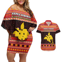 Papua New Guinea Christmas Couples Matching Off Shoulder Short Dress and Hawaiian Shirt Santa Raggiana LT05 Red - Polynesian Pride
