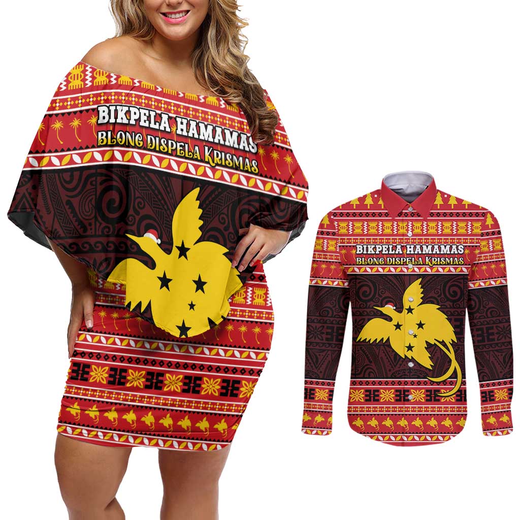 Papua New Guinea Christmas Couples Matching Off Shoulder Short Dress and Long Sleeve Button Shirt Santa Raggiana LT05 Red - Polynesian Pride