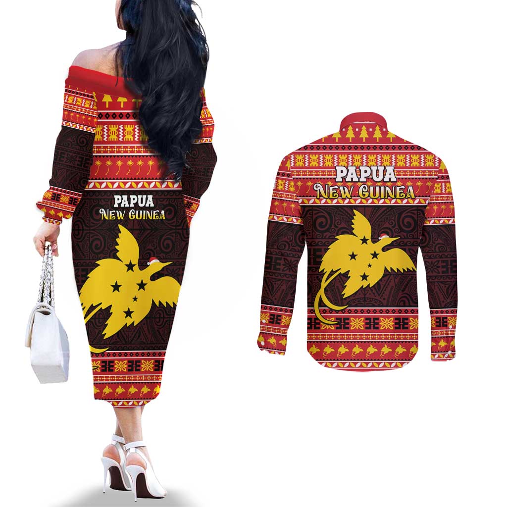 Papua New Guinea Christmas Couples Matching Off The Shoulder Long Sleeve Dress and Long Sleeve Button Shirt Santa Raggiana LT05 - Polynesian Pride