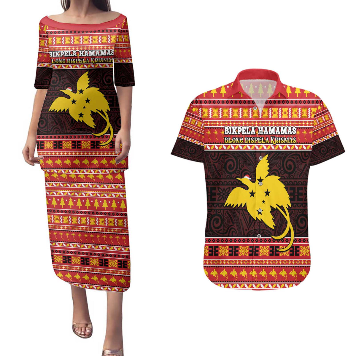 Papua New Guinea Christmas Couples Matching Puletasi and Hawaiian Shirt Santa Raggiana LT05 Red - Polynesian Pride