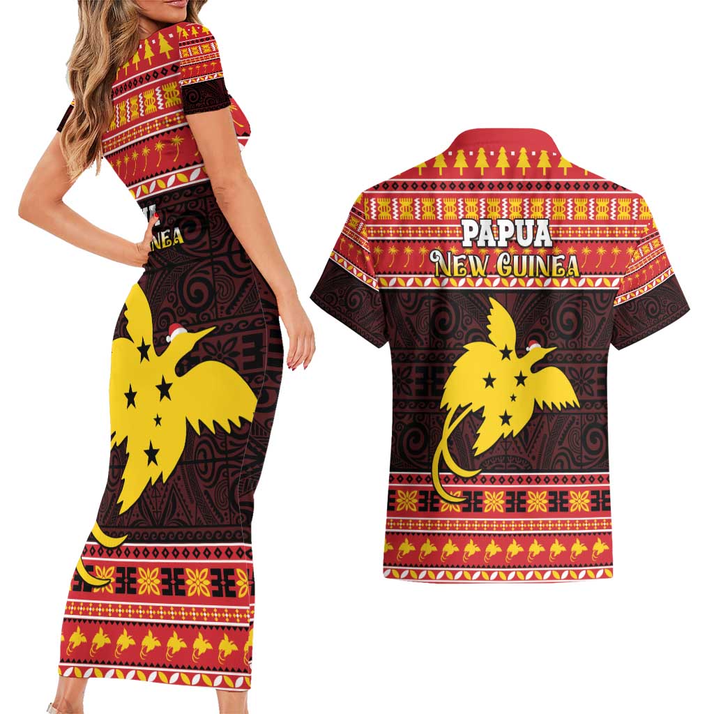 Papua New Guinea Christmas Couples Matching Short Sleeve Bodycon Dress and Hawaiian Shirt Santa Raggiana LT05 - Polynesian Pride