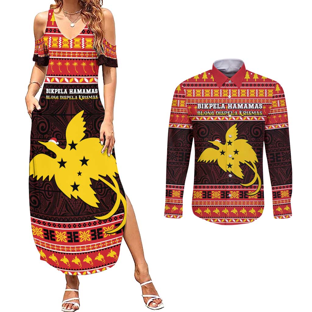 Papua New Guinea Christmas Couples Matching Summer Maxi Dress and Long Sleeve Button Shirt Santa Raggiana LT05 Red - Polynesian Pride