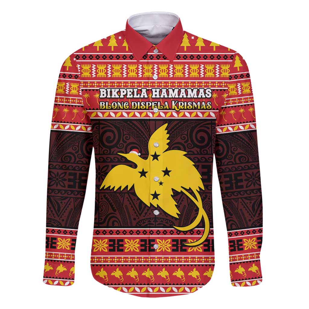 Papua New Guinea Christmas Family Matching Off Shoulder Short Dress and Hawaiian Shirt Santa Raggiana LT05 Dad's Shirt - Long Sleeve Red - Polynesian Pride