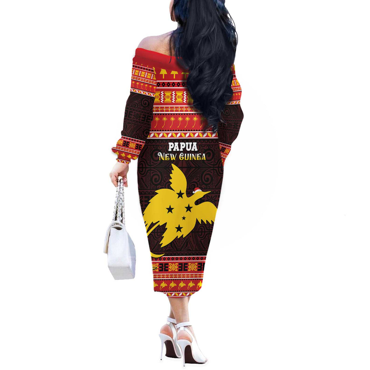 Papua New Guinea Christmas Off The Shoulder Long Sleeve Dress Santa Raggiana LT05 - Polynesian Pride