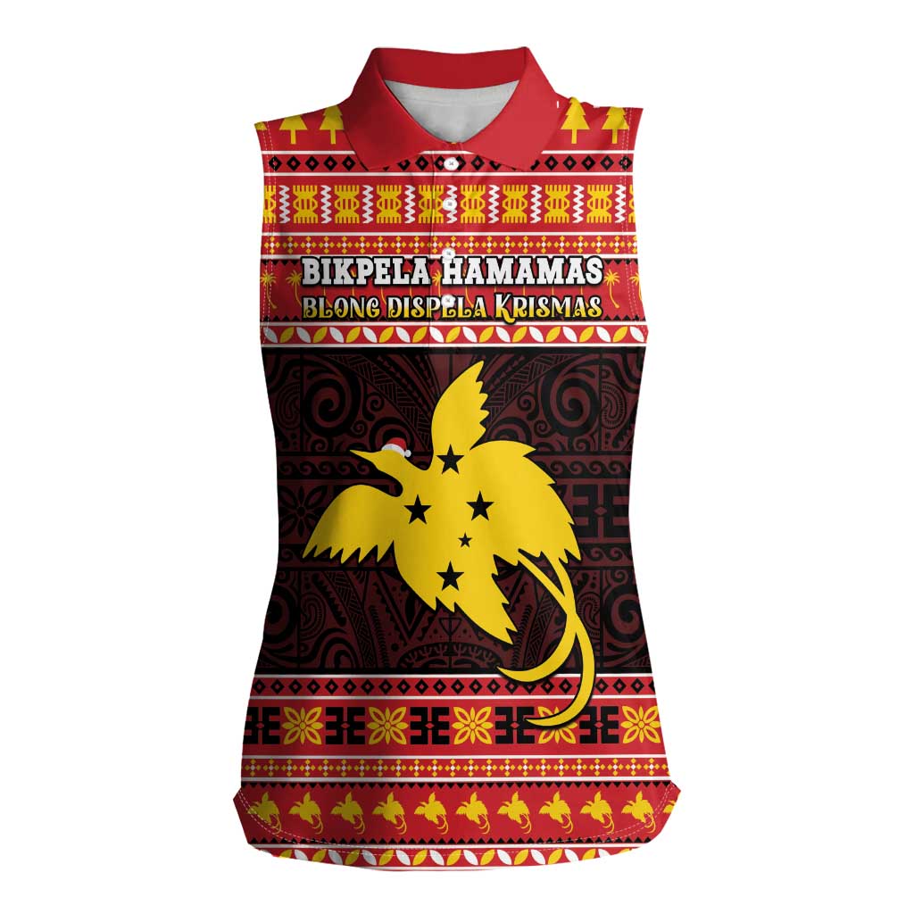 Papua New Guinea Christmas Women Sleeveless Polo Shirt Santa Raggiana LT05 Female Red - Polynesian Pride