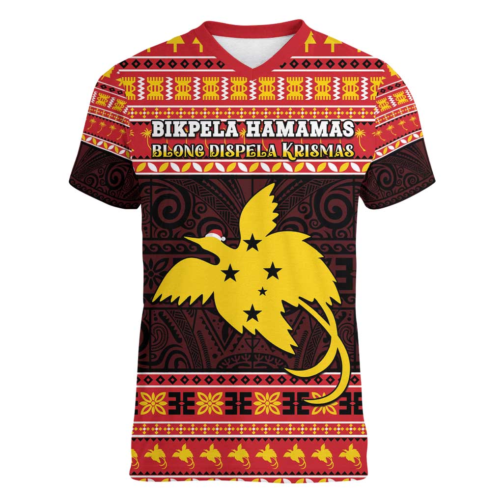Papua New Guinea Christmas Women V-Neck T-Shirt Santa Raggiana LT05 Female Red - Polynesian Pride