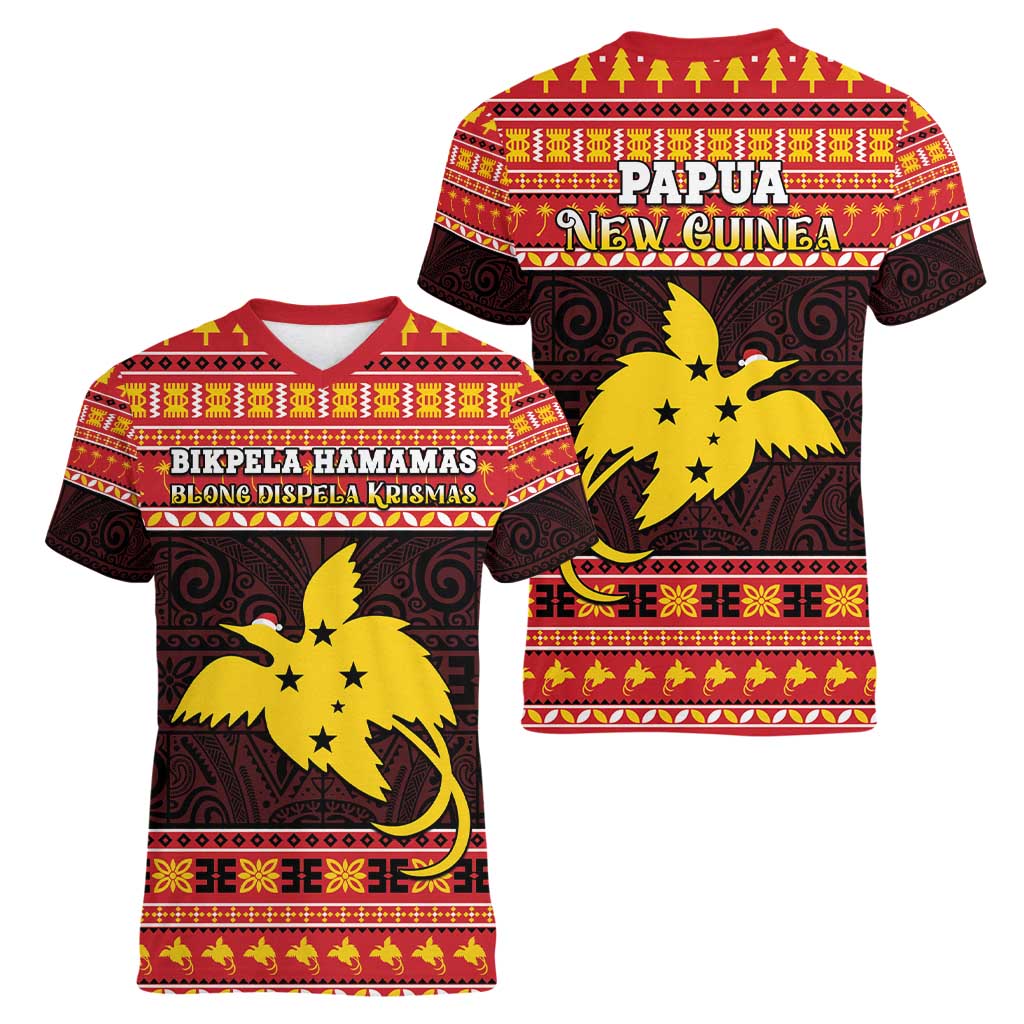 Papua New Guinea Christmas Women V-Neck T-Shirt Santa Raggiana LT05 - Polynesian Pride