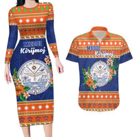 Marshall Islands Christmas Couples Matching Long Sleeve Bodycon Dress and Hawaiian Shirt Marshallese Seal Meddi Kirijmoj LT05 Orange - Polynesian Pride