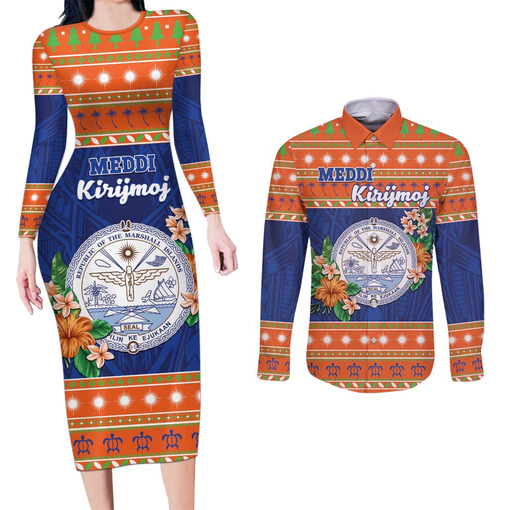 Marshall Islands Christmas Couples Matching Long Sleeve Bodycon Dress and Long Sleeve Button Shirt Marshallese Seal Meddi Kirijmoj LT05 Orange - Polynesian Pride