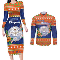 Marshall Islands Christmas Couples Matching Long Sleeve Bodycon Dress and Long Sleeve Button Shirt Marshallese Seal Meddi Kirijmoj LT05 Orange - Polynesian Pride