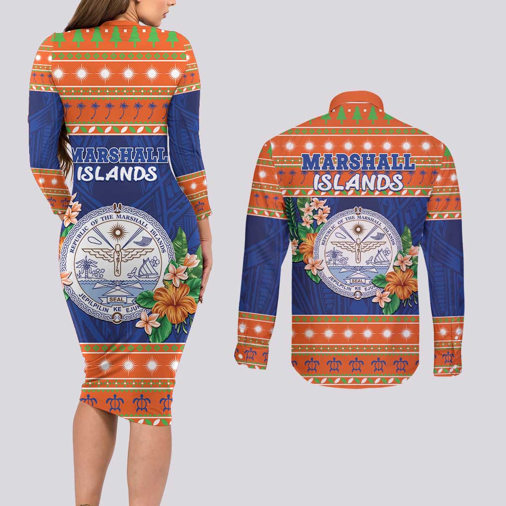 Marshall Islands Christmas Couples Matching Long Sleeve Bodycon Dress and Long Sleeve Button Shirt Marshallese Seal Meddi Kirijmoj LT05 - Polynesian Pride
