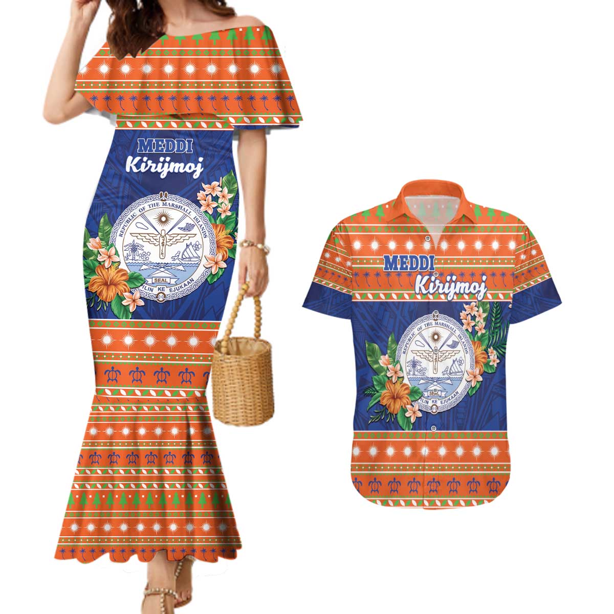 Marshall Islands Christmas Couples Matching Mermaid Dress and Hawaiian Shirt Marshallese Seal Meddi Kirijmoj LT05 Orange - Polynesian Pride