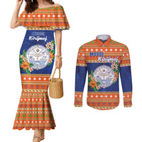 Marshall Islands Christmas Couples Matching Mermaid Dress and Long Sleeve Button Shirt Marshallese Seal Meddi Kirijmoj LT05 Orange - Polynesian Pride