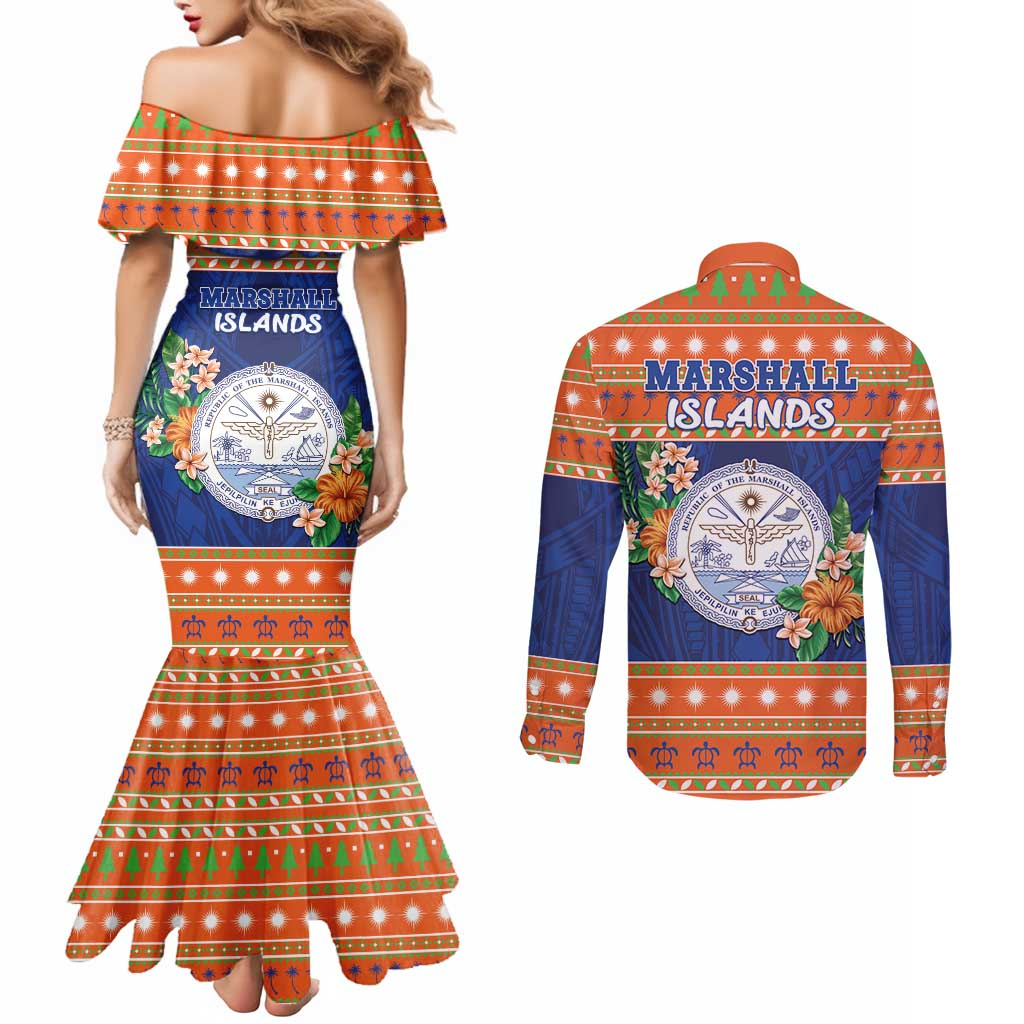 Marshall Islands Christmas Couples Matching Mermaid Dress and Long Sleeve Button Shirt Marshallese Seal Meddi Kirijmoj LT05 - Polynesian Pride
