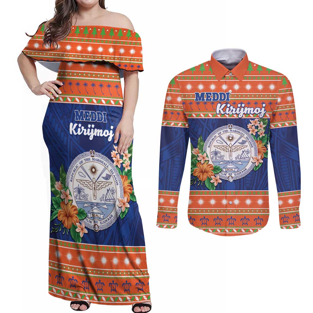 Marshall Islands Christmas Couples Matching Off Shoulder Maxi Dress and Long Sleeve Button Shirt Marshallese Seal Meddi Kirijmoj LT05 Orange - Polynesian Pride