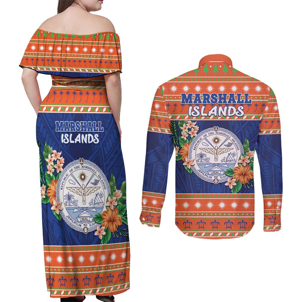 Marshall Islands Christmas Couples Matching Off Shoulder Maxi Dress and Long Sleeve Button Shirt Marshallese Seal Meddi Kirijmoj LT05 - Polynesian Pride