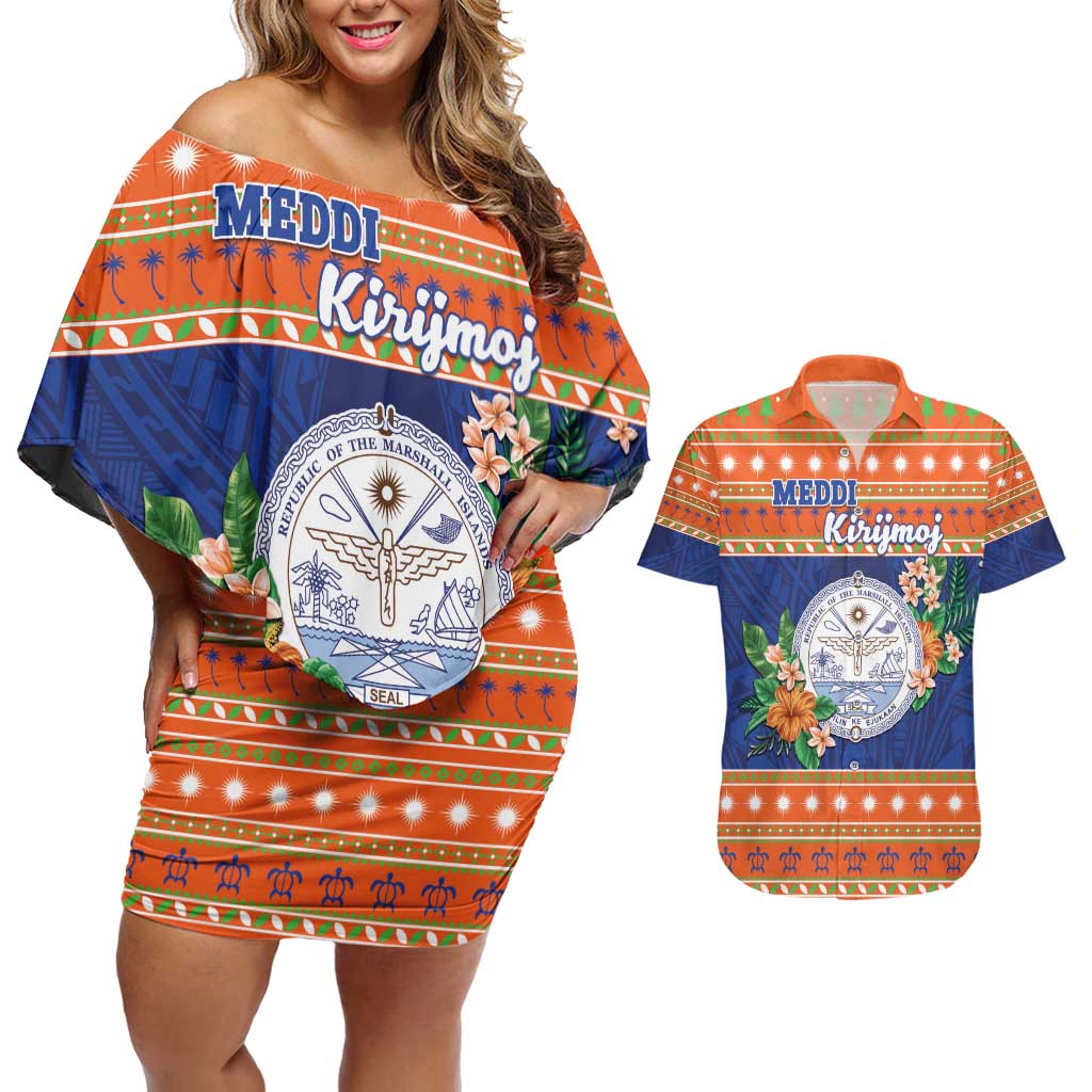 Marshall Islands Christmas Couples Matching Off Shoulder Short Dress and Hawaiian Shirt Marshallese Seal Meddi Kirijmoj LT05 Orange - Polynesian Pride