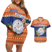 Marshall Islands Christmas Couples Matching Off Shoulder Short Dress and Hawaiian Shirt Marshallese Seal Meddi Kirijmoj LT05 Orange - Polynesian Pride