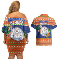 Marshall Islands Christmas Couples Matching Off Shoulder Short Dress and Hawaiian Shirt Marshallese Seal Meddi Kirijmoj LT05 - Polynesian Pride
