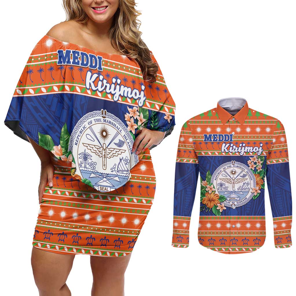 Marshall Islands Christmas Couples Matching Off Shoulder Short Dress and Long Sleeve Button Shirt Marshallese Seal Meddi Kirijmoj LT05 Orange - Polynesian Pride