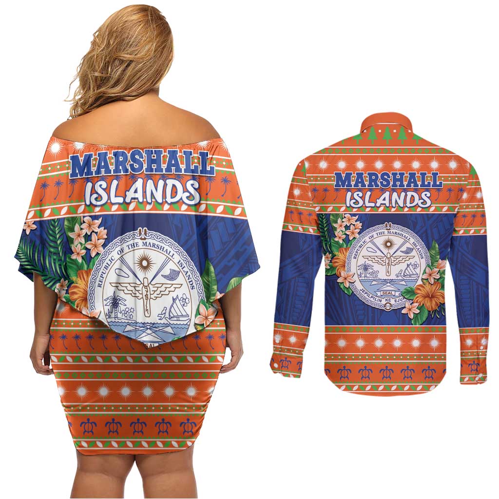 Marshall Islands Christmas Couples Matching Off Shoulder Short Dress and Long Sleeve Button Shirt Marshallese Seal Meddi Kirijmoj LT05 - Polynesian Pride