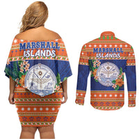 Marshall Islands Christmas Couples Matching Off Shoulder Short Dress and Long Sleeve Button Shirt Marshallese Seal Meddi Kirijmoj LT05 - Polynesian Pride
