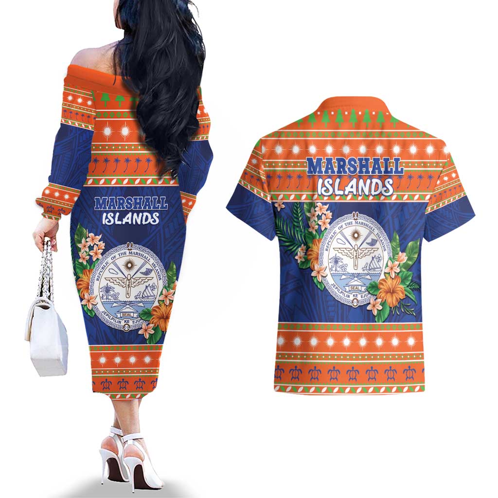 Marshall Islands Christmas Couples Matching Off The Shoulder Long Sleeve Dress and Hawaiian Shirt Marshallese Seal Meddi Kirijmoj LT05 - Polynesian Pride