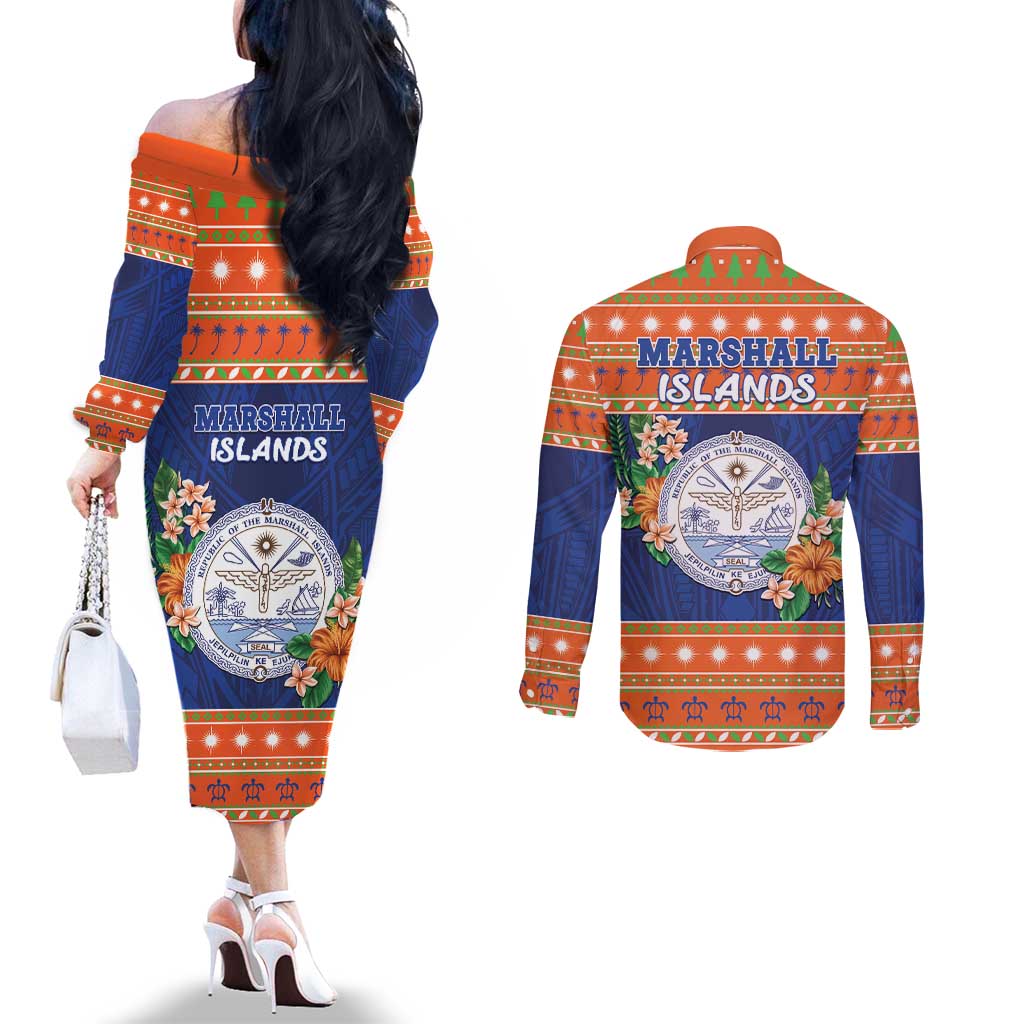 Marshall Islands Christmas Couples Matching Off The Shoulder Long Sleeve Dress and Long Sleeve Button Shirt Marshallese Seal Meddi Kirijmoj LT05 - Polynesian Pride