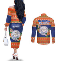 Marshall Islands Christmas Couples Matching Off The Shoulder Long Sleeve Dress and Long Sleeve Button Shirt Marshallese Seal Meddi Kirijmoj LT05 - Polynesian Pride