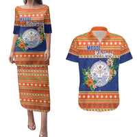 Marshall Islands Christmas Couples Matching Puletasi and Hawaiian Shirt Marshallese Seal Meddi Kirijmoj LT05 Orange - Polynesian Pride