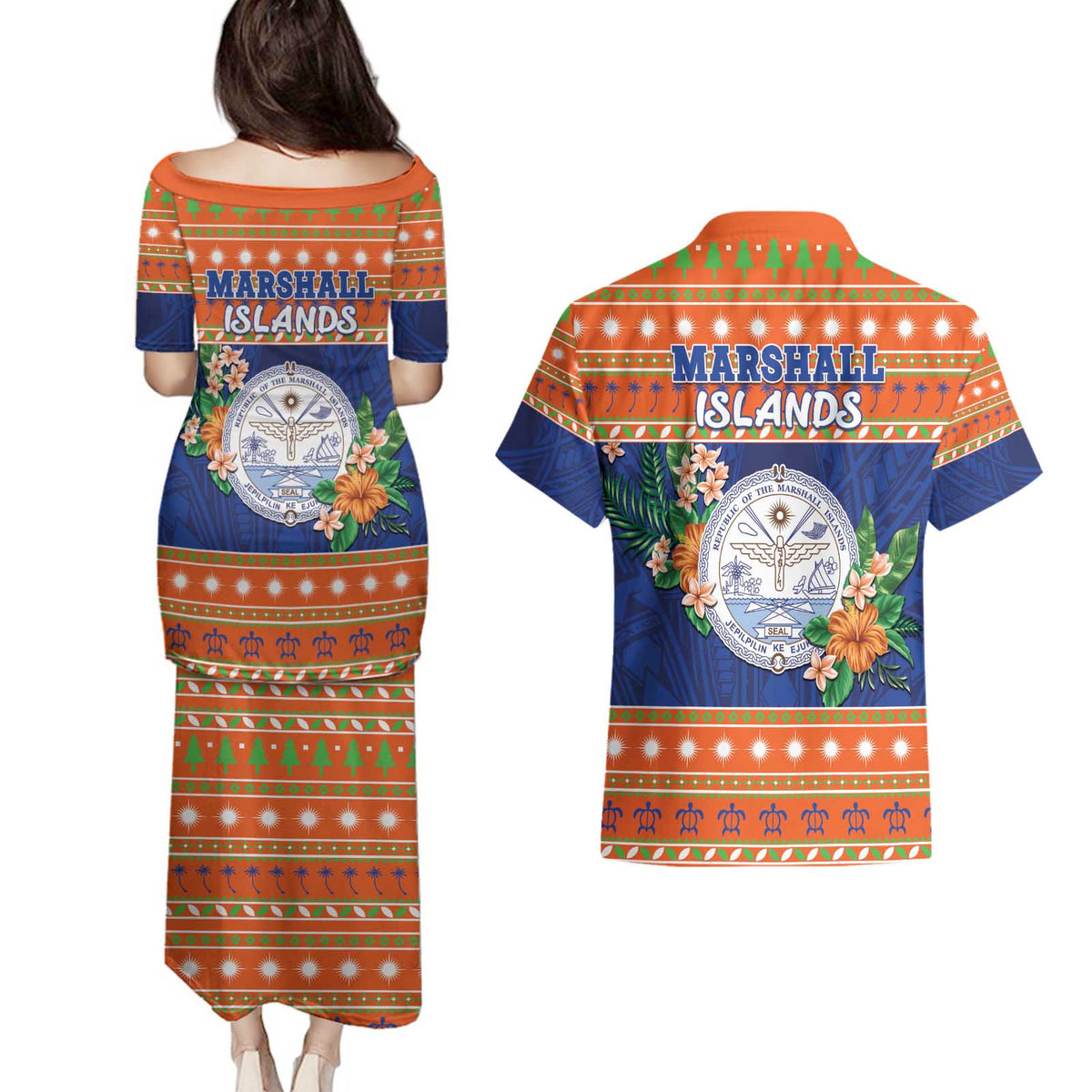 Marshall Islands Christmas Couples Matching Puletasi and Hawaiian Shirt Marshallese Seal Meddi Kirijmoj LT05 - Polynesian Pride