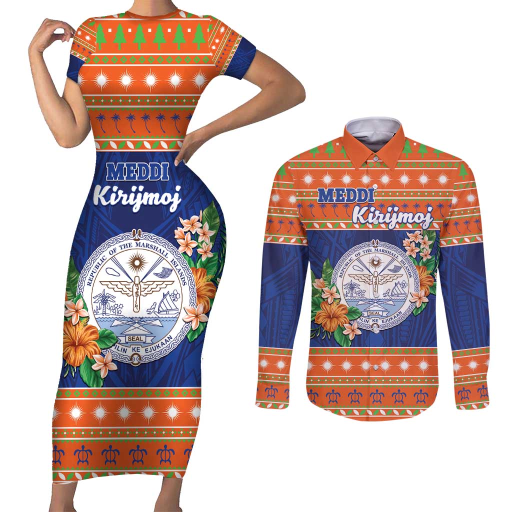 Marshall Islands Christmas Couples Matching Short Sleeve Bodycon Dress and Long Sleeve Button Shirt Marshallese Seal Meddi Kirijmoj LT05 Orange - Polynesian Pride