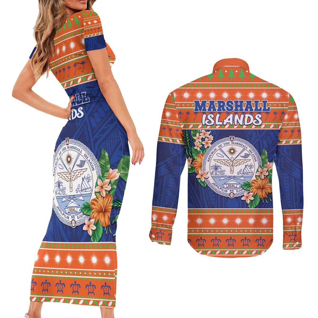Marshall Islands Christmas Couples Matching Short Sleeve Bodycon Dress and Long Sleeve Button Shirt Marshallese Seal Meddi Kirijmoj LT05 - Polynesian Pride