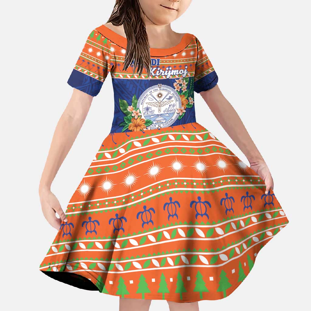 Marshall Islands Christmas Family Matching Mermaid Dress and Hawaiian Shirt Marshallese Seal Meddi Kirijmoj LT05 Daughter's Dress Orange - Polynesian Pride