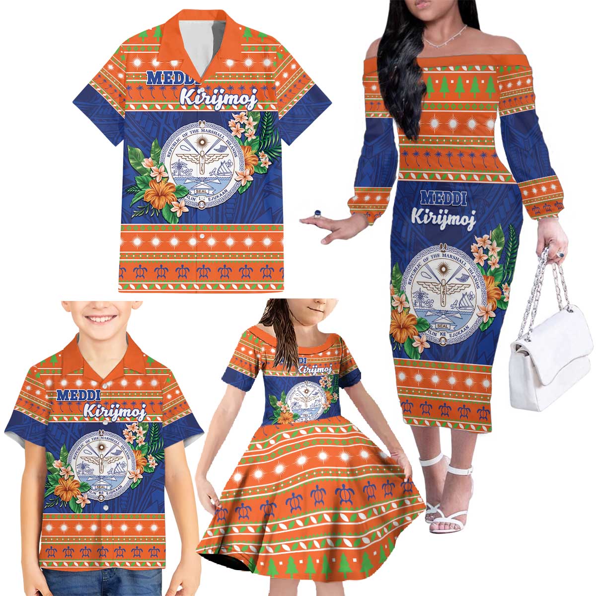 Marshall Islands Christmas Family Matching Off The Shoulder Long Sleeve Dress and Hawaiian Shirt Marshallese Seal Meddi Kirijmoj LT05 - Polynesian Pride