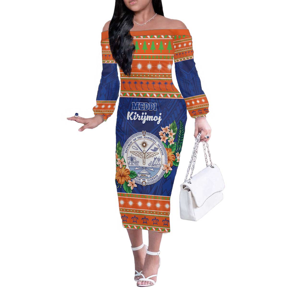 Marshall Islands Christmas Family Matching Off The Shoulder Long Sleeve Dress and Hawaiian Shirt Marshallese Seal Meddi Kirijmoj LT05 Mom's Dress Orange - Polynesian Pride