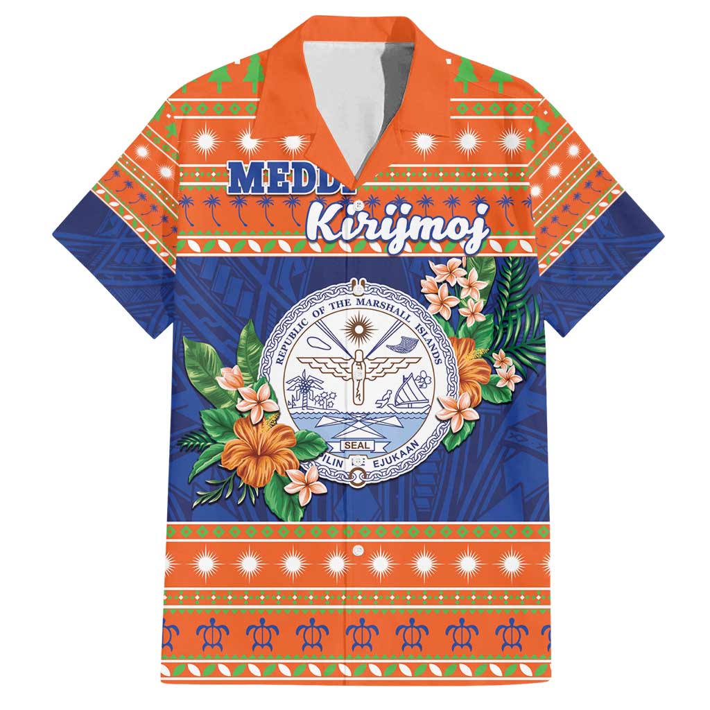 Marshall Islands Christmas Family Matching Off Shoulder Short Dress and Hawaiian Shirt Marshallese Seal Meddi Kirijmoj LT05 Dad's Shirt - Short Sleeve Orange - Polynesian Pride
