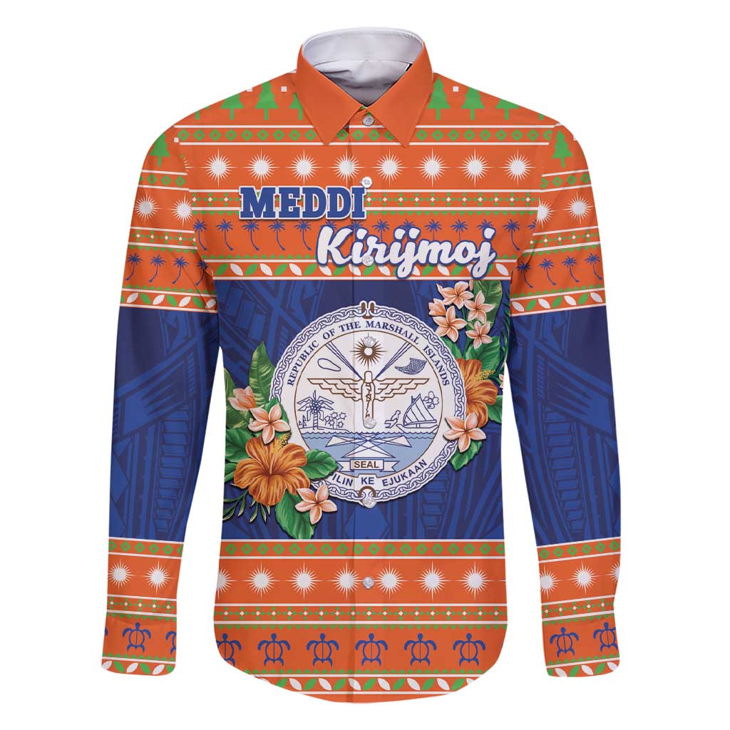 Marshall Islands Christmas Family Matching Short Sleeve Bodycon Dress and Hawaiian Shirt Marshallese Seal Meddi Kirijmoj LT05 Dad's Shirt - Long Sleeve Orange - Polynesian Pride