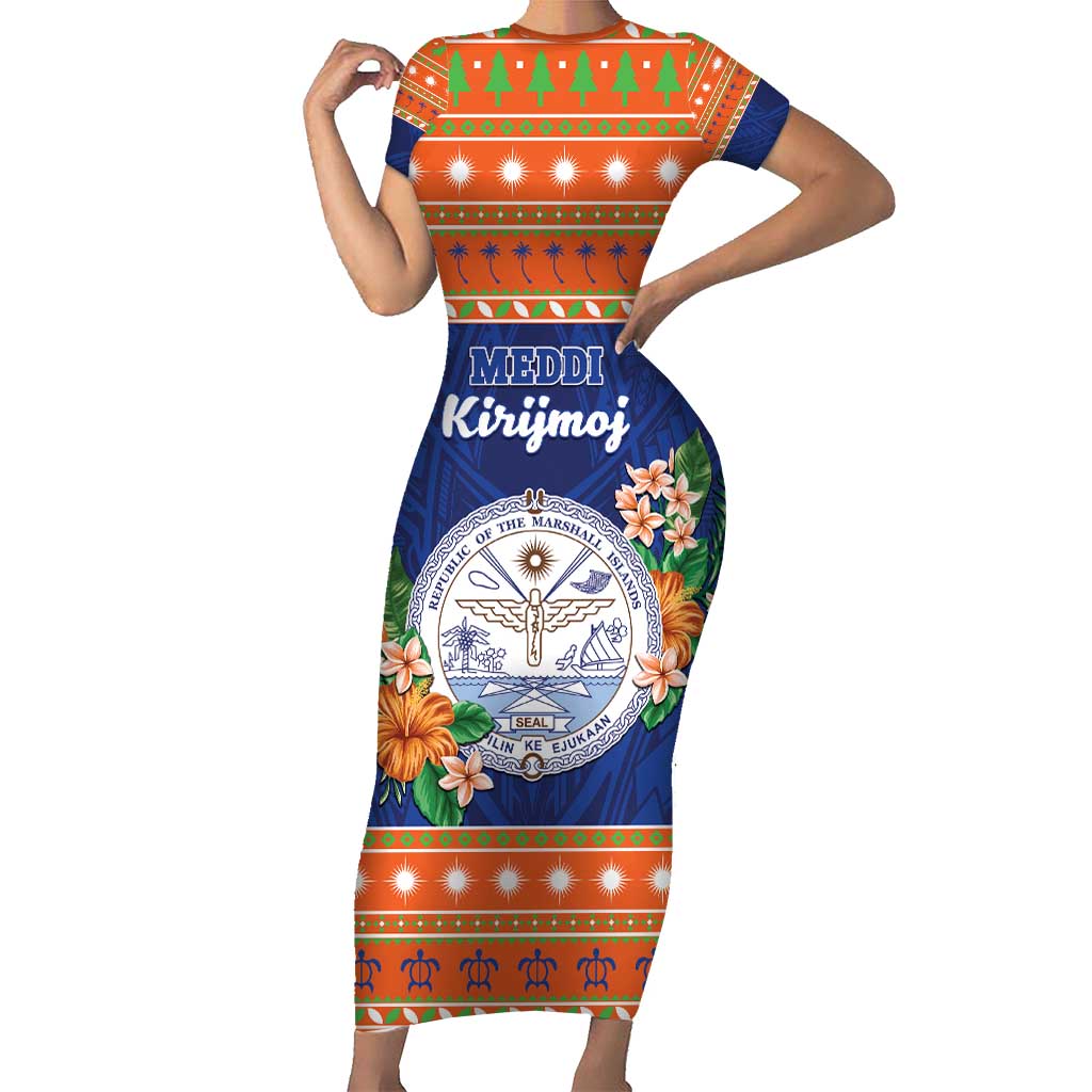Marshall Islands Christmas Family Matching Short Sleeve Bodycon Dress and Hawaiian Shirt Marshallese Seal Meddi Kirijmoj LT05 Mom's Dress Orange - Polynesian Pride