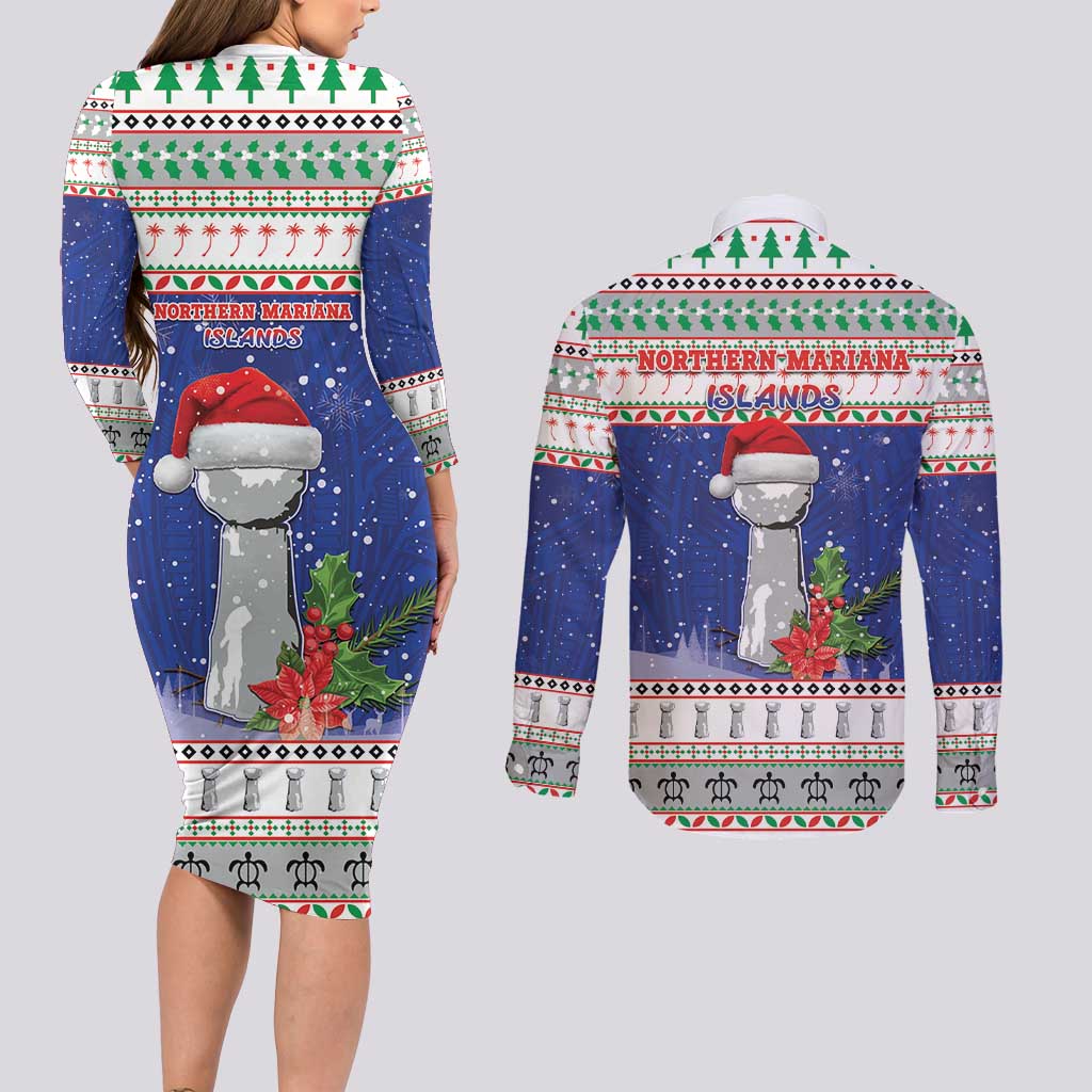Northern Mariana Islands Christmas Couples Matching Long Sleeve Bodycon Dress and Long Sleeve Button Shirt Poinsettia Filis Pasgua LT05 - Polynesian Pride
