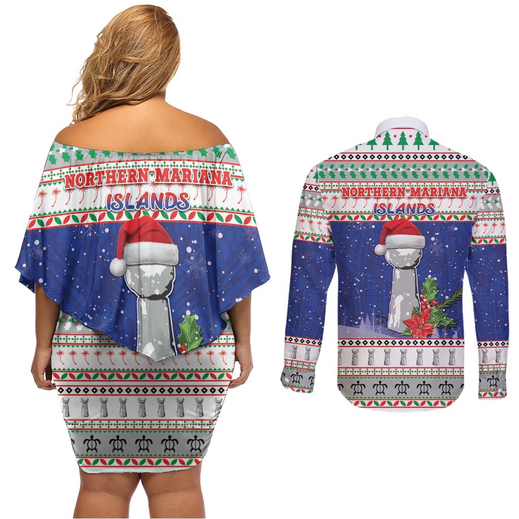 Northern Mariana Islands Christmas Couples Matching Off Shoulder Short Dress and Long Sleeve Button Shirt Poinsettia Filis Pasgua LT05 - Polynesian Pride