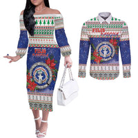 Northern Mariana Islands Christmas Couples Matching Off The Shoulder Long Sleeve Dress and Long Sleeve Button Shirt Poinsettia Filis Pasgua LT05 Blue - Polynesian Pride