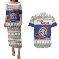 Northern Mariana Islands Christmas Couples Matching Puletasi and Hawaiian Shirt Poinsettia Filis Pasgua LT05 Blue - Polynesian Pride